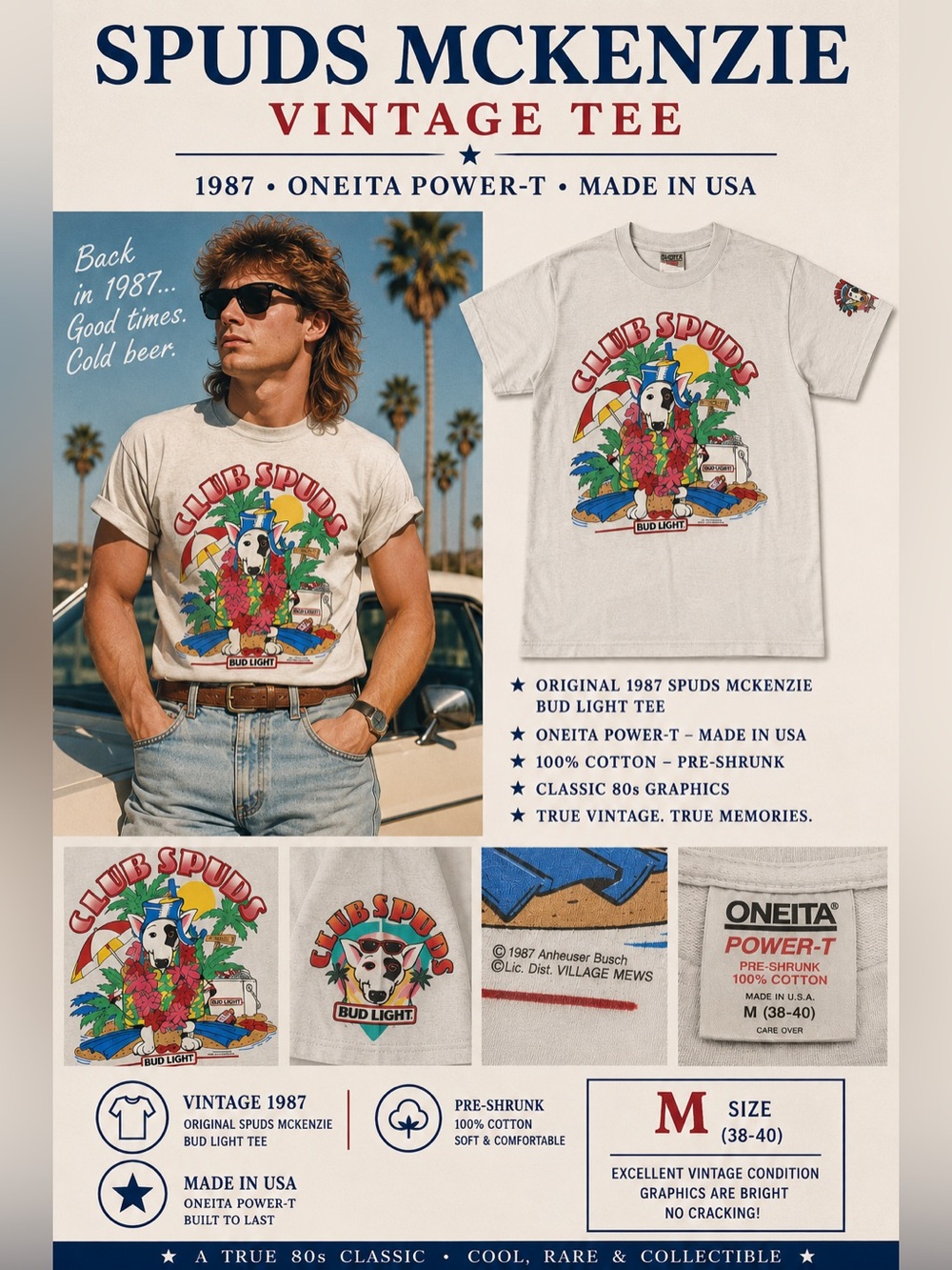 Vintage Spuds McKenzie Tee gray multicolor 1987 on a Oneida Power T brand tee  M